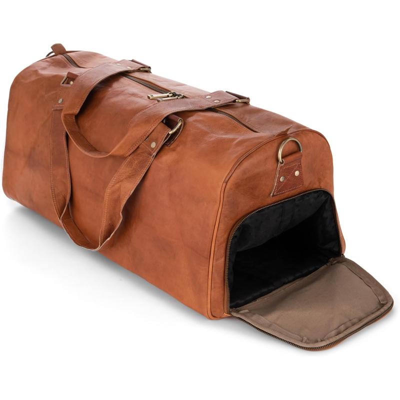 imageBerliner Bags Vintage Leather Duffle Bag Oslo with Shoe Compartment for Travel or the Gym Overnight Bag for Men and Women  BrownBrown with Shoe Compartment
