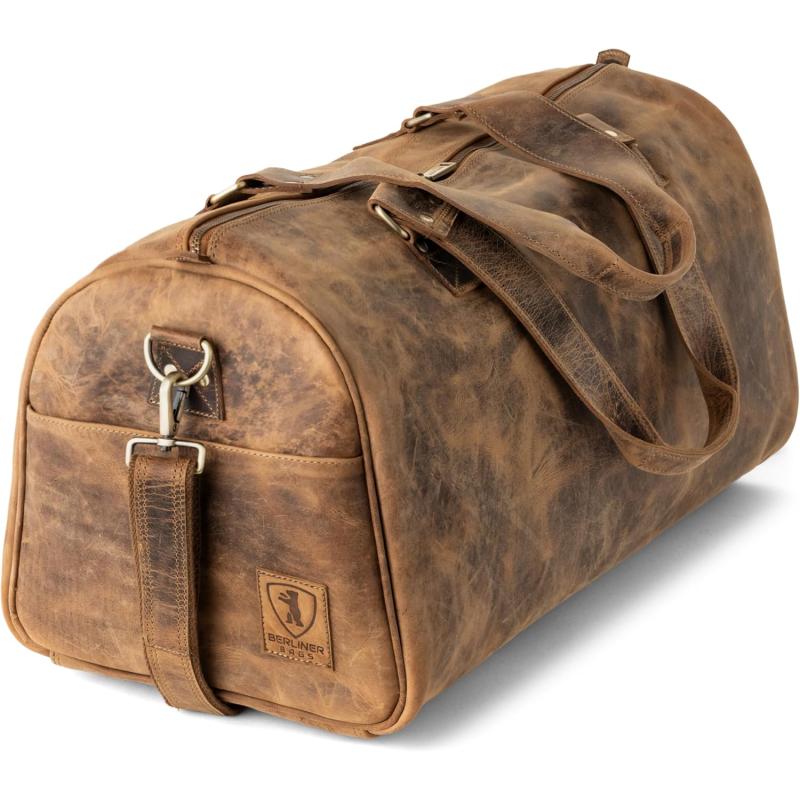 imageBerliner Bags Vintage Leather Duffle Bag Oslo with Shoe Compartment for Travel or the Gym Overnight Bag for Men and Women  BrownWalnut