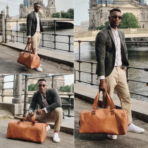 imageBerliner Bags Vintage Leather Duffle Bag Oslo with Shoe Compartment for Travel or the Gym Overnight Bag for Men and Women  BrownBrown with Shoe Compartment