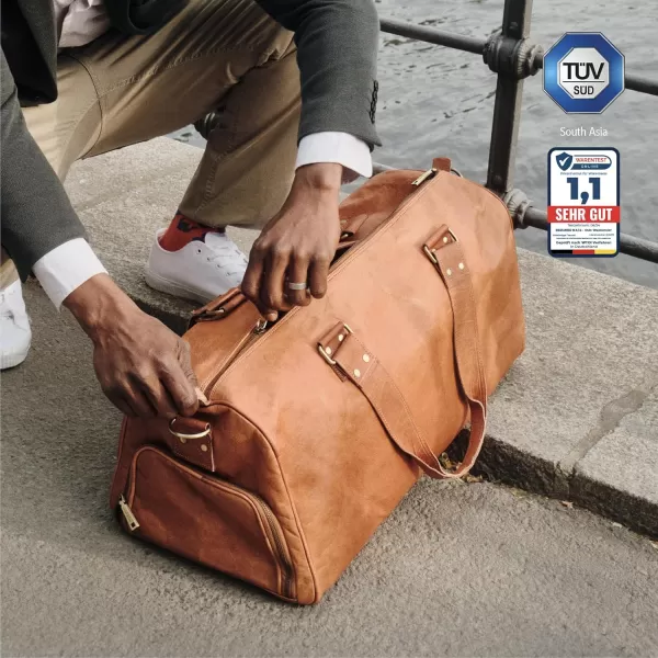 imageBerliner Bags Vintage Leather Duffle Bag Oslo with Shoe Compartment for Travel or the Gym Overnight Bag for Men and Women  BrownBrown with Shoe Compartment