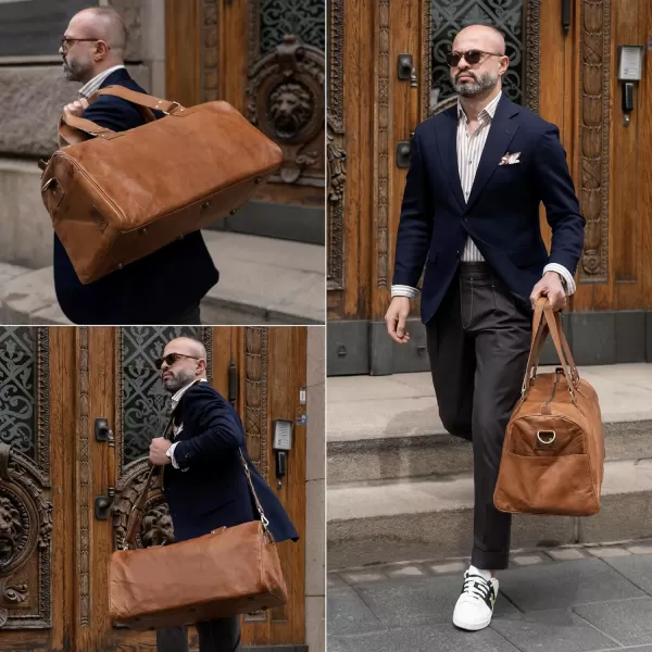 imageBerliner Bags Vintage Leather Duffle Bag Oslo with Shoe Compartment for Travel or the Gym Overnight Bag for Men and Women  BrownCognac
