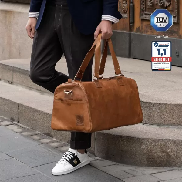imageBerliner Bags Vintage Leather Duffle Bag Oslo with Shoe Compartment for Travel or the Gym Overnight Bag for Men and Women  BrownCognac