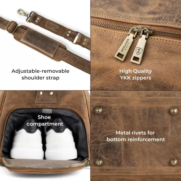 imageBerliner Bags Vintage Leather Duffle Bag Oslo with Shoe Compartment for Travel or the Gym Overnight Bag for Men and Women  BrownHunter Brown