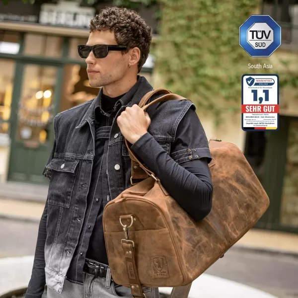 imageBerliner Bags Vintage Leather Duffle Bag Oslo with Shoe Compartment for Travel or the Gym Overnight Bag for Men and Women  BrownHunter Brown