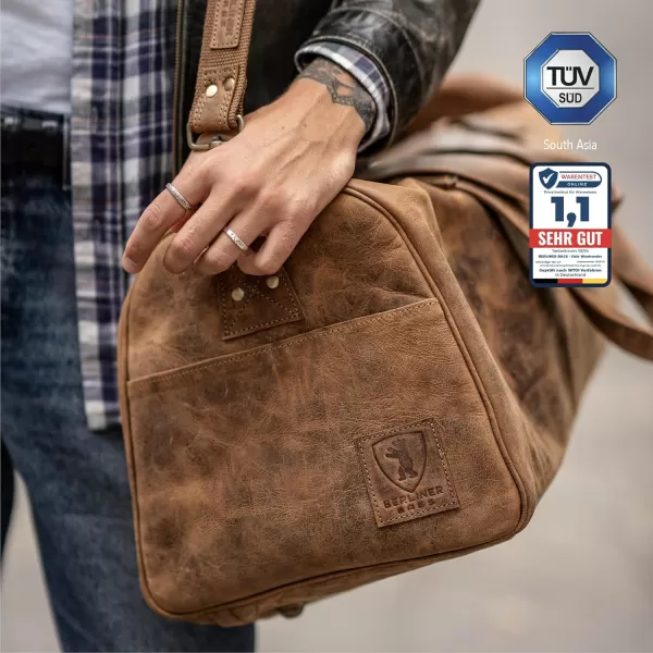 imageBerliner Bags Vintage Leather Duffle Bag Oslo with Shoe Compartment for Travel or the Gym Overnight Bag for Men and Women  BrownWalnut
