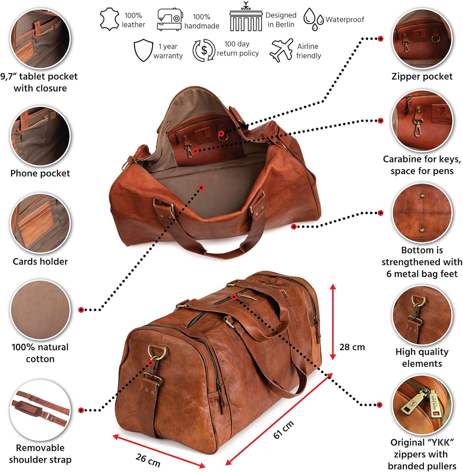 imageBerliner Bags Vintage Leather Duffle Bag Bergen for Travel or the Gym Overnight Bag for Men and Women  Brown