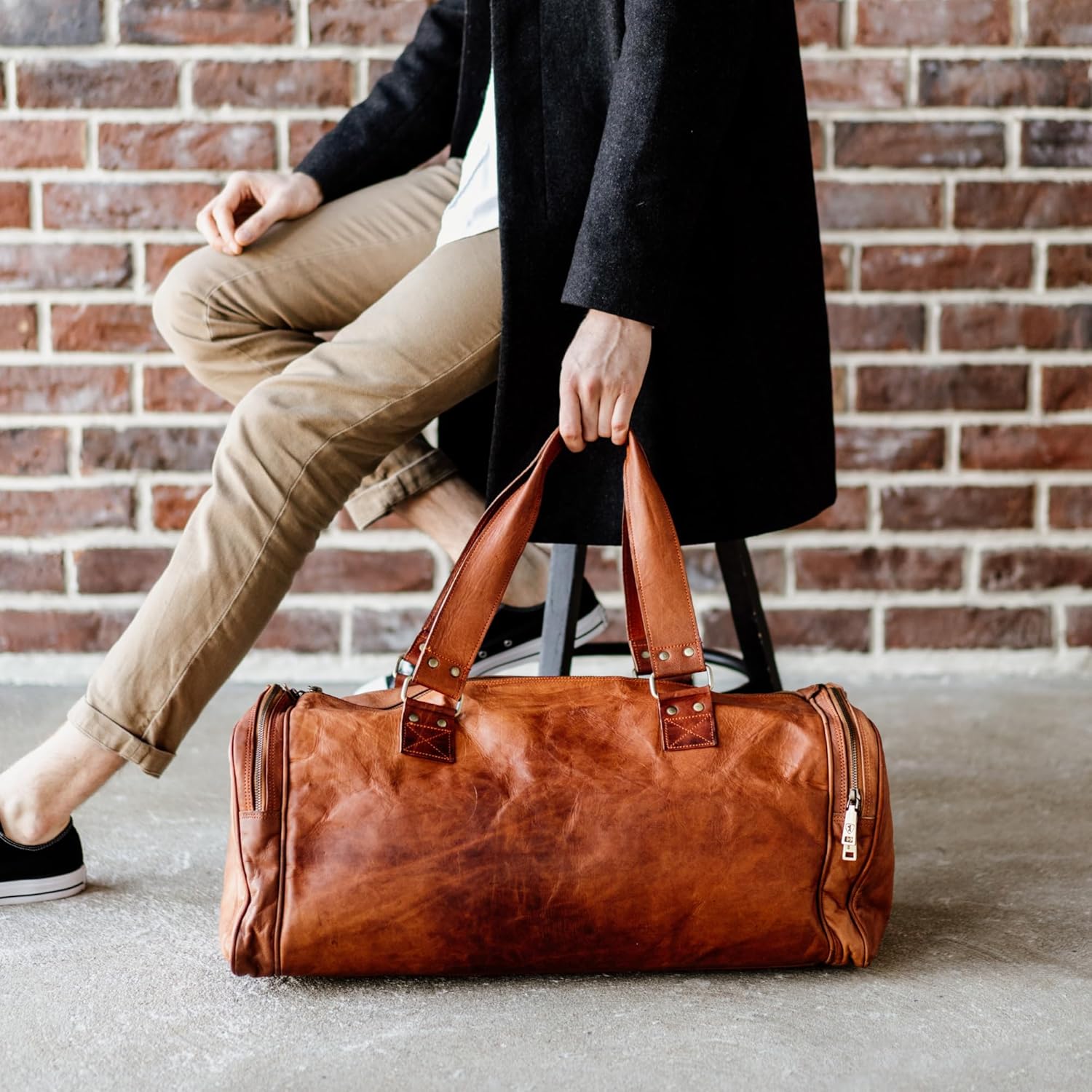 imageBerliner Bags Vintage Leather Duffle Bag Bergen for Travel or the Gym Overnight Bag for Men and Women  Brown