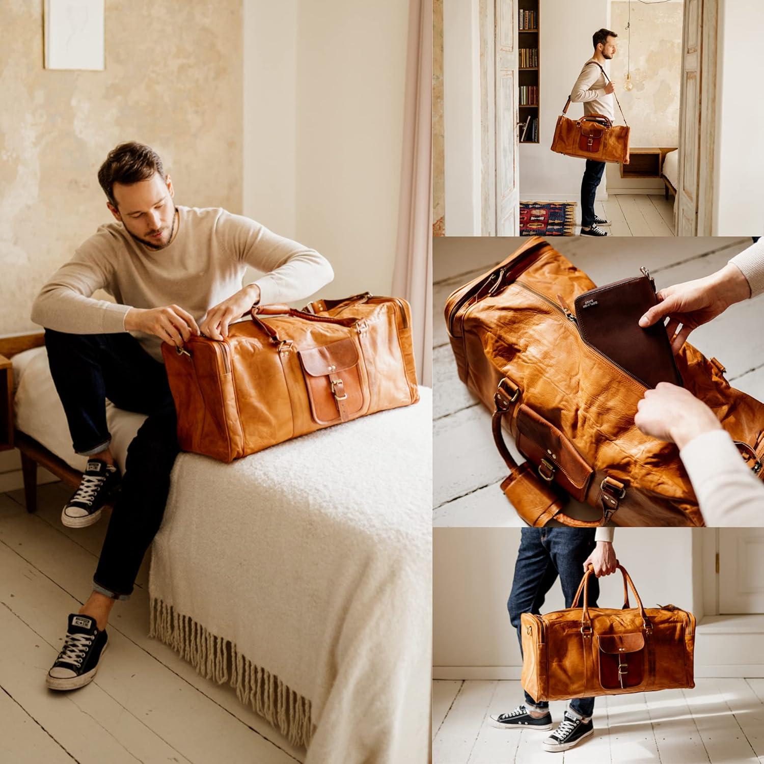 imageBerliner Bags Vintage Leather Duffle Bag New York XXL for Travel or the Gym Overnight Bag for Men and Women  Brown