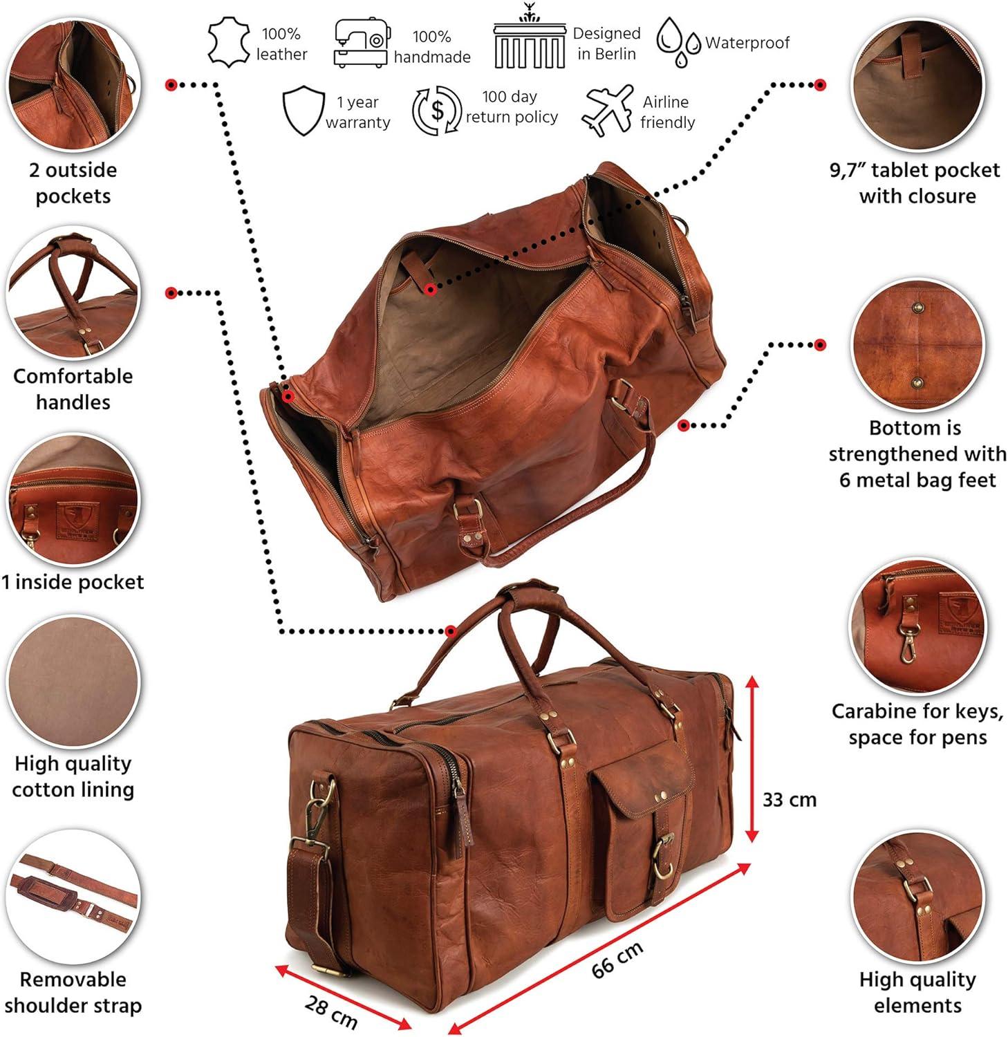 imageBerliner Bags Vintage Leather Duffle Bag New York XXL for Travel or the Gym Overnight Bag for Men and Women  Brown