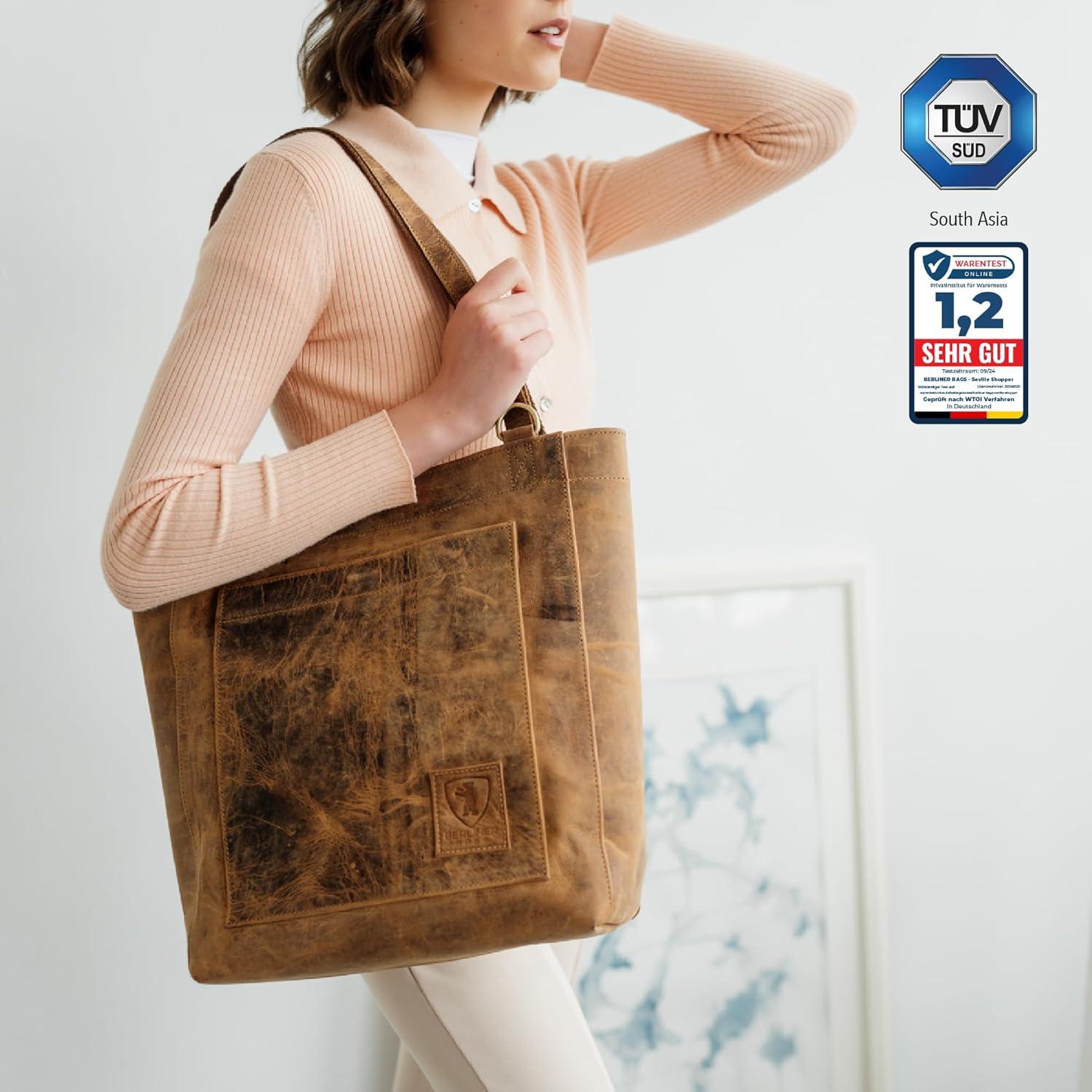 imageBERLINER BAGS Vintage Genuine Leather Tote Bag Seville Handbag Large Shopper for WomenWalnut