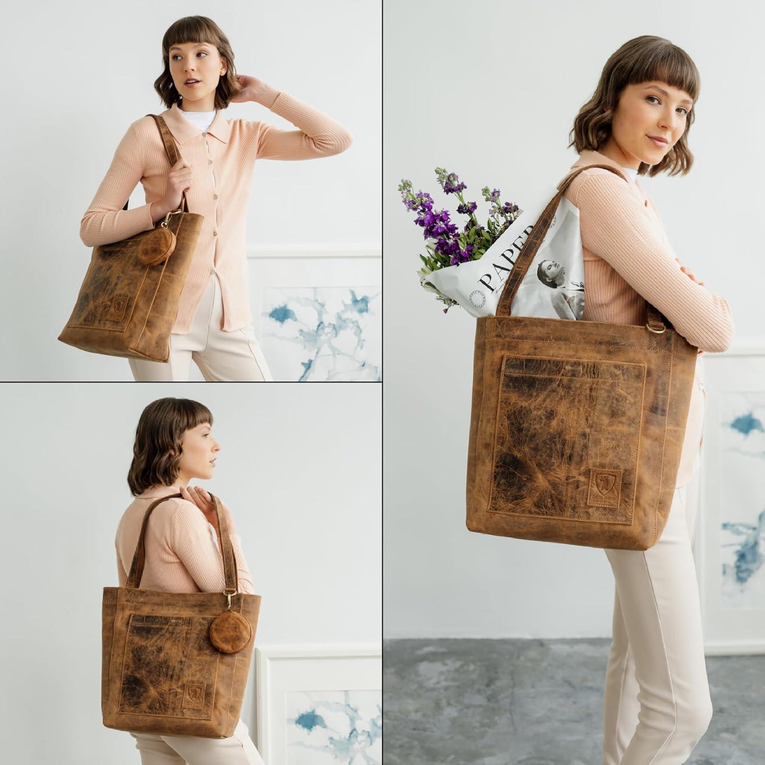 imageBERLINER BAGS Vintage Genuine Leather Tote Bag Seville Handbag Large Shopper for WomenWalnut