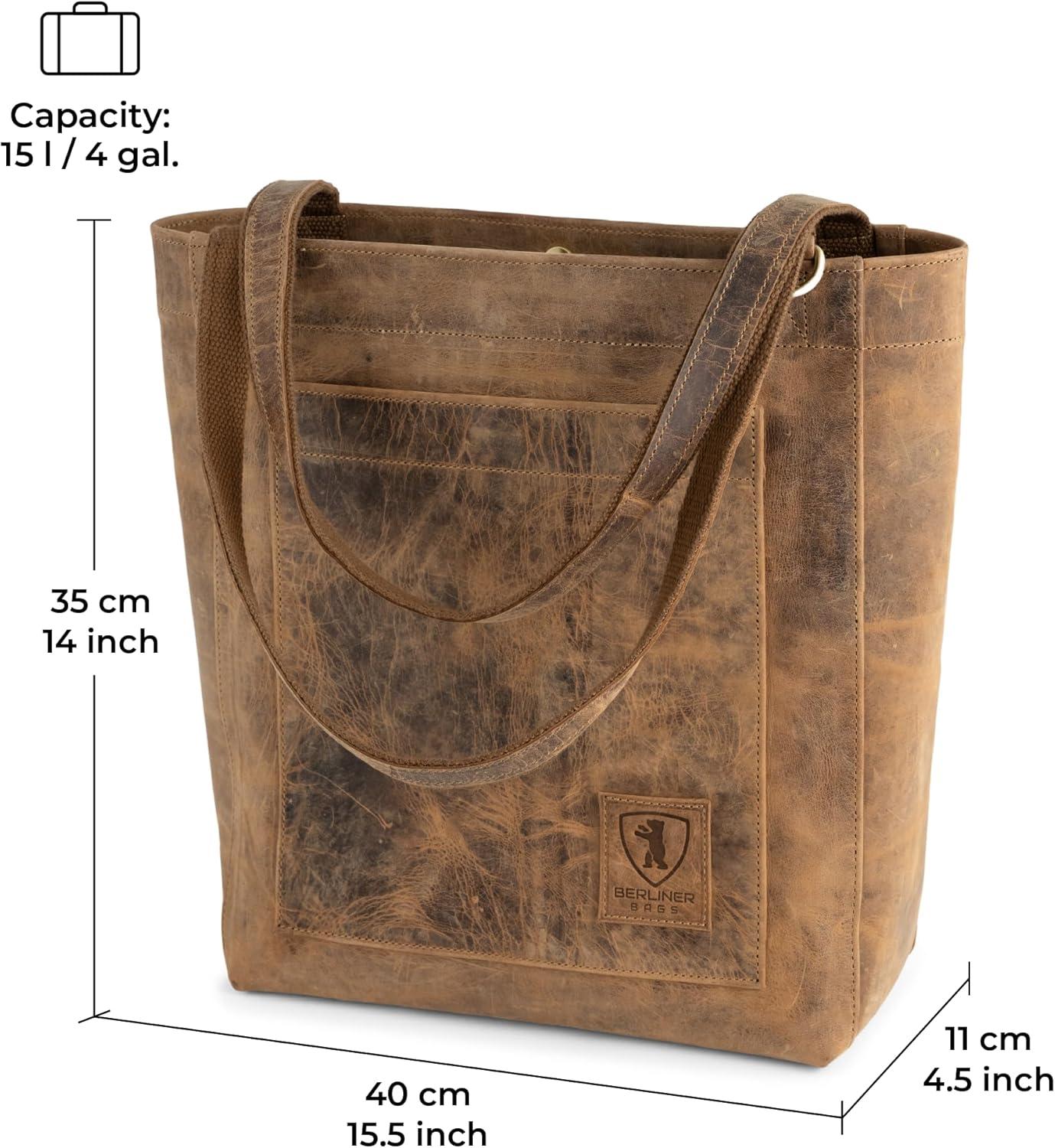 imageBERLINER BAGS Vintage Genuine Leather Tote Bag Seville Handbag Large Shopper for WomenWalnut