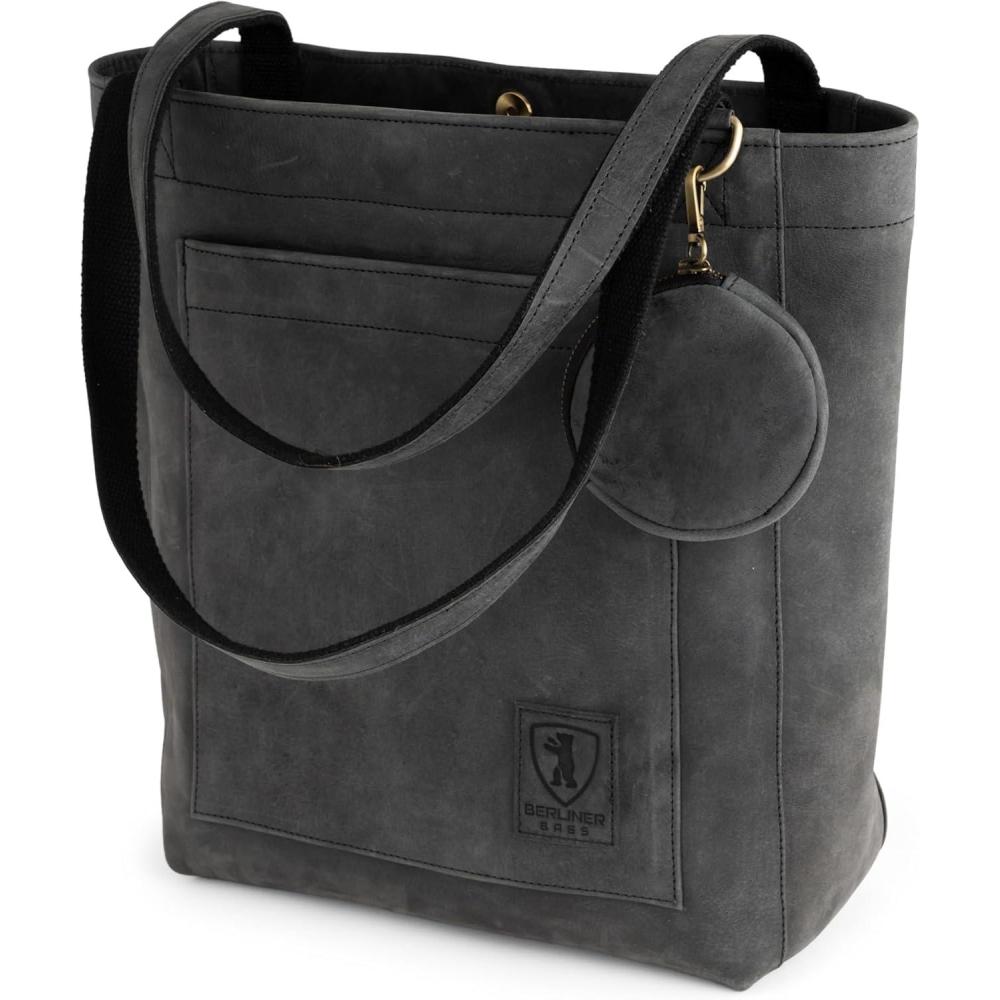 imageBERLINER BAGS Vintage Genuine Leather Tote Bag Seville Handbag Large Shopper for WomenDark Grey