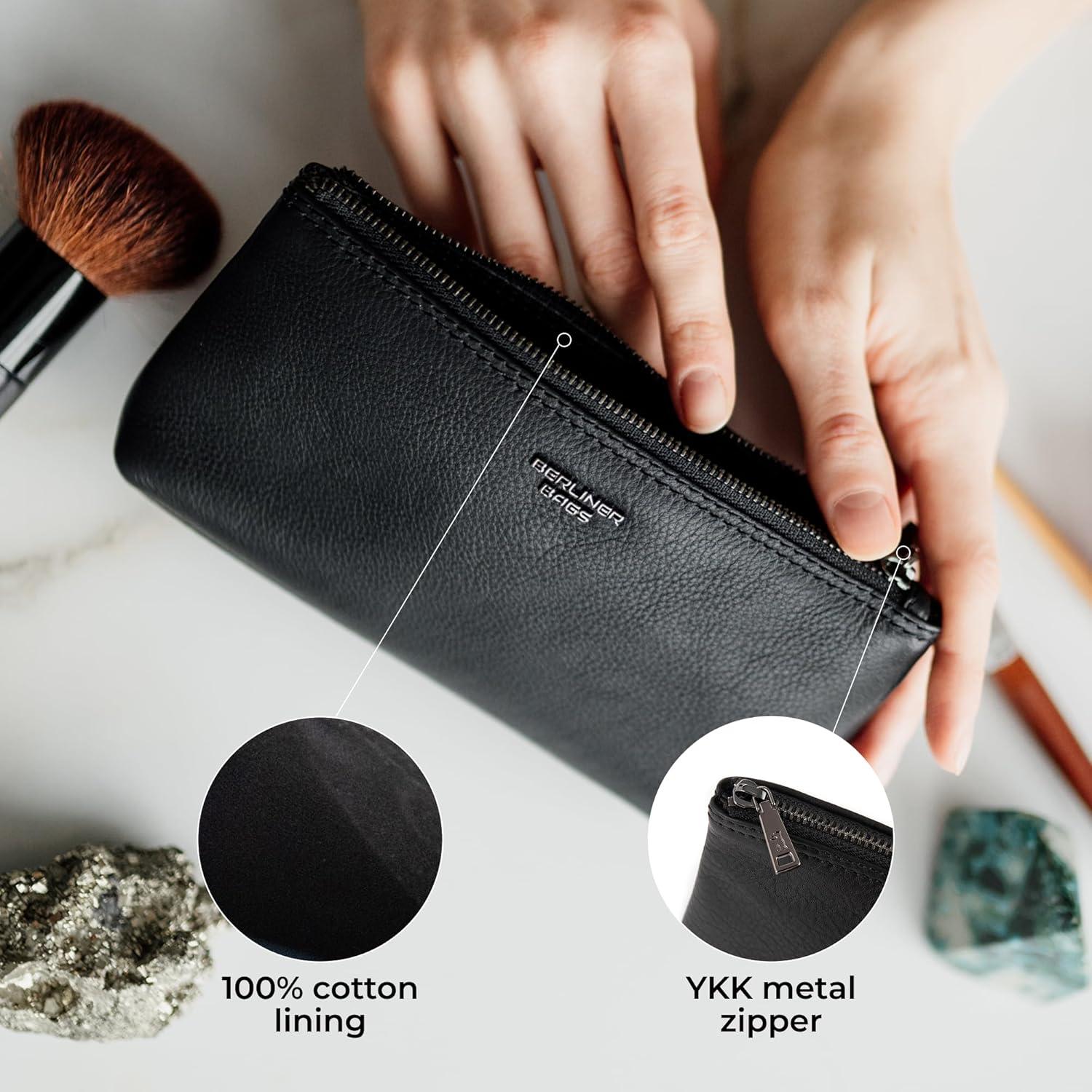 imageBERLINER BAGS Vintage Genuine Leather Makeup Bag Anna Cosmetic Bag for Purse Travel and Cosmetics Pouch with Zipper for Women  BrownBlack