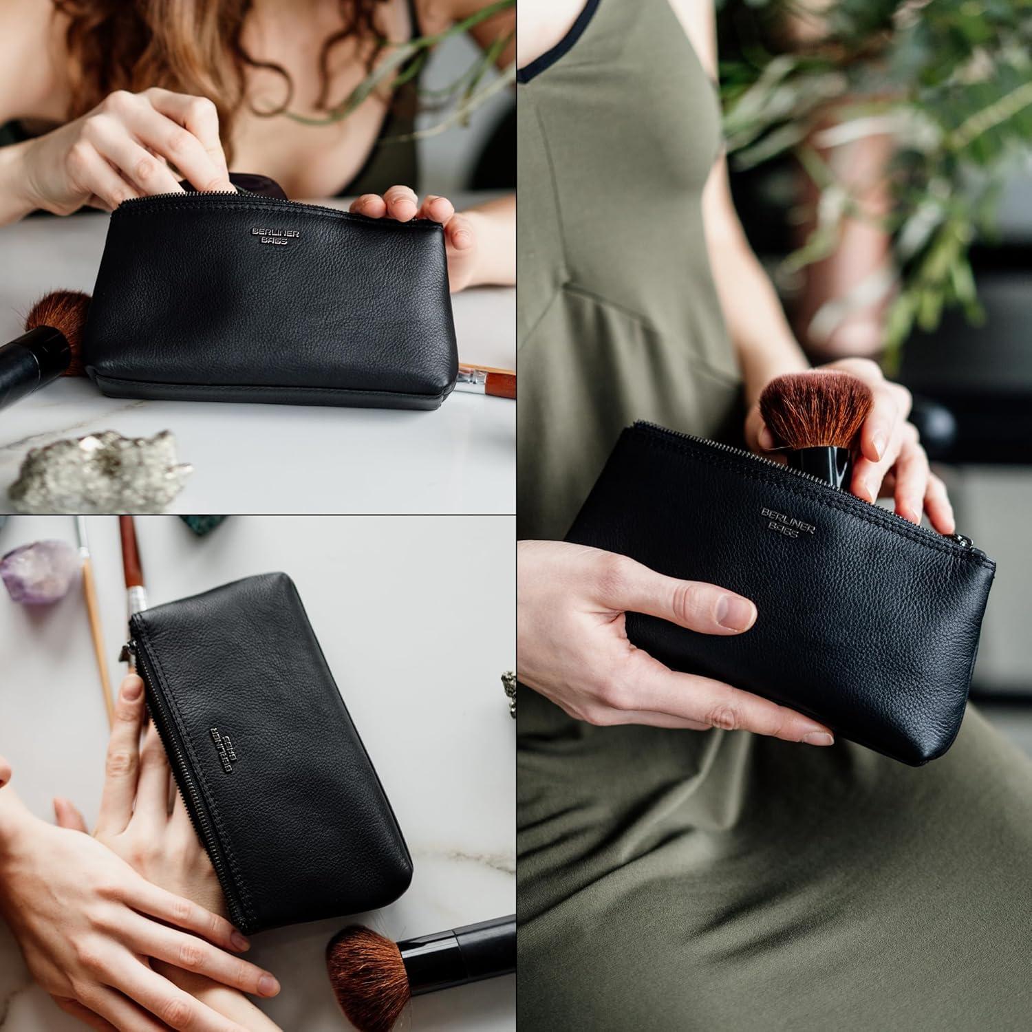 imageBERLINER BAGS Vintage Genuine Leather Makeup Bag Anna Cosmetic Bag for Purse Travel and Cosmetics Pouch with Zipper for Women  BrownBlack