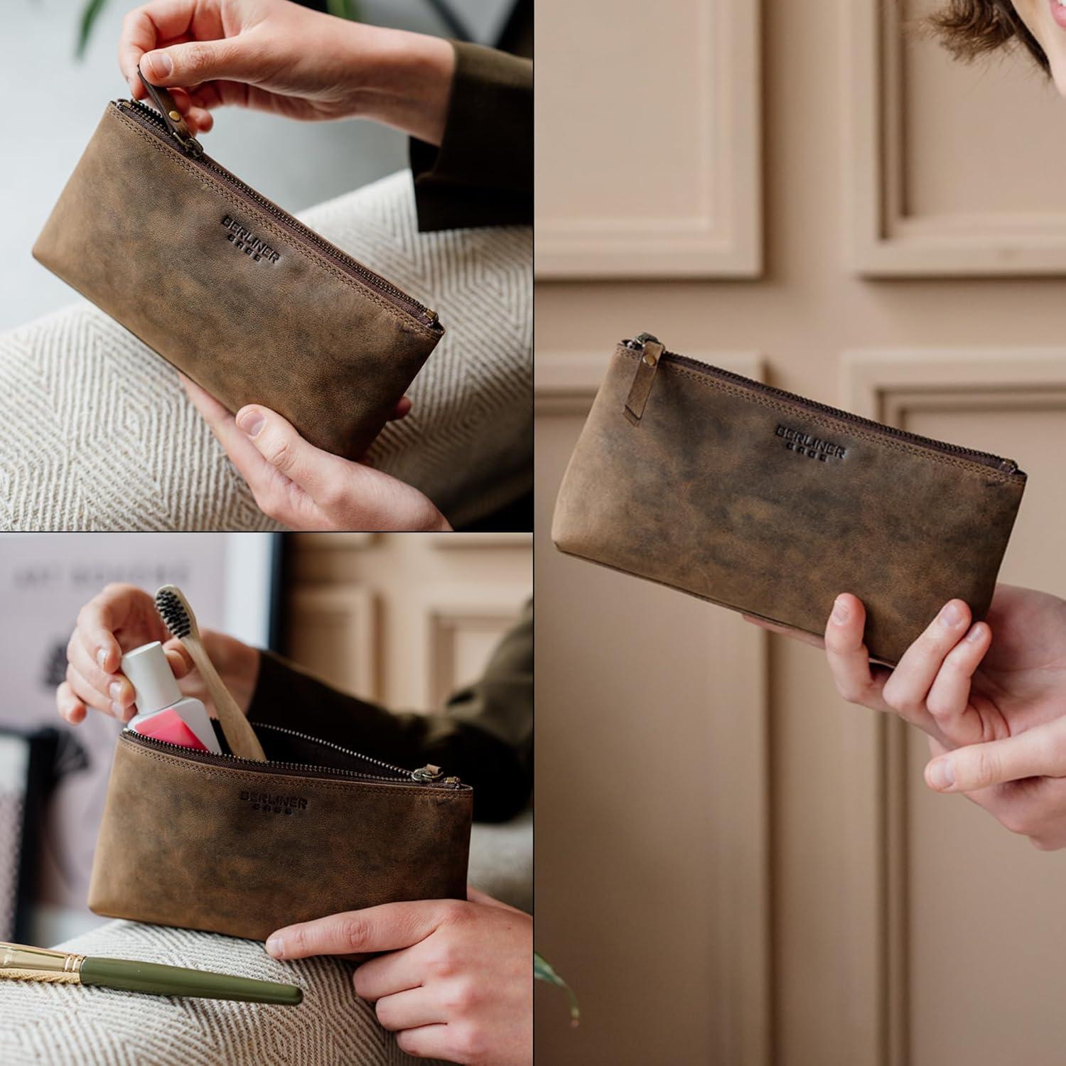 imageBERLINER BAGS Vintage Genuine Leather Makeup Bag Anna Cosmetic Bag for Purse Travel and Cosmetics Pouch with Zipper for Women  BrownEspresso