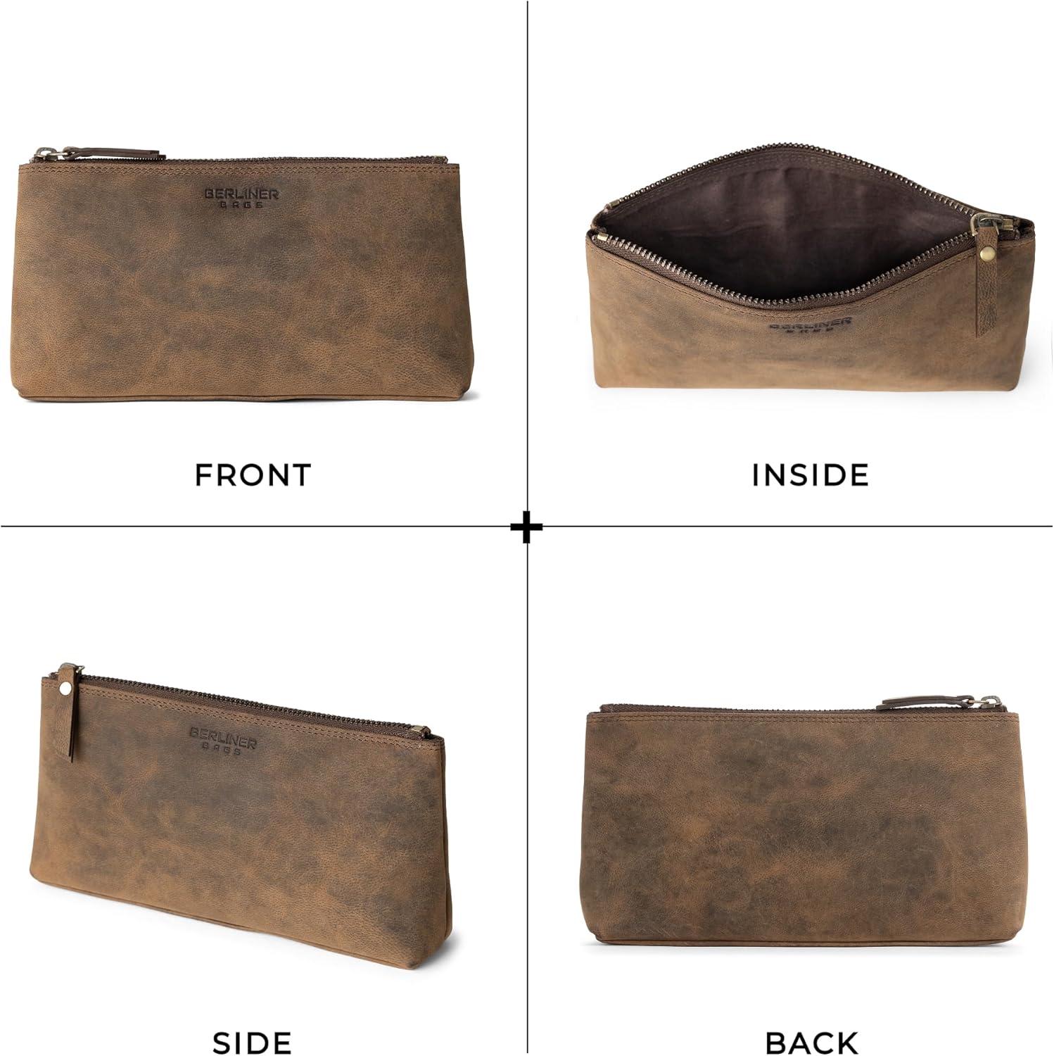 imageBERLINER BAGS Vintage Genuine Leather Makeup Bag Anna Cosmetic Bag for Purse Travel and Cosmetics Pouch with Zipper for Women  BrownEspresso