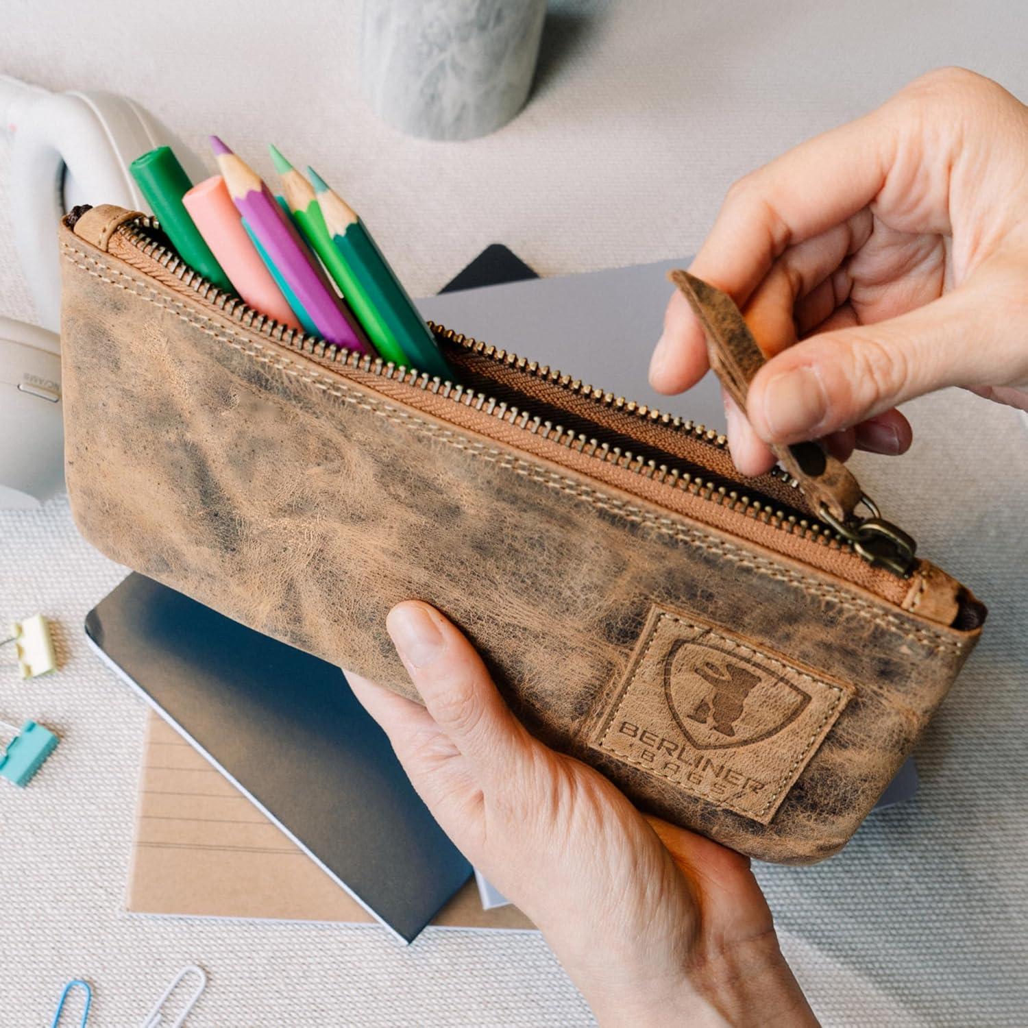 imageBERLINER BAGS Vintage Leather Pencil Case Pen Pouch for Work and University for Men and WomenWalnut