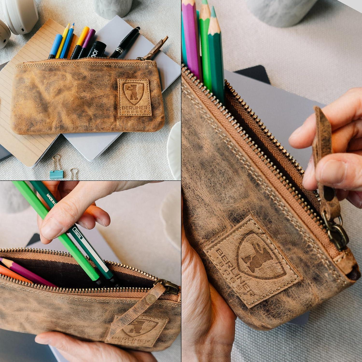 imageBERLINER BAGS Vintage Leather Pencil Case Pen Pouch for Work and University for Men and WomenWalnut