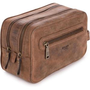 imageBERLINER BAGS Vintage Genuine Leather Toiletry Bag Max 2 Two Zippered Compartments Large Capacity Cosmetics Bag for Men and Women for Travel  BrownDark Brown