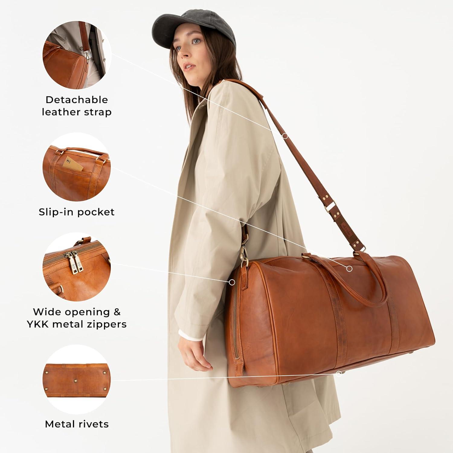 imageBerliner Bags Vintage Leather Duffle Bag Boston for Travel or the Gym Overnight Bag for Men and Women  Brown