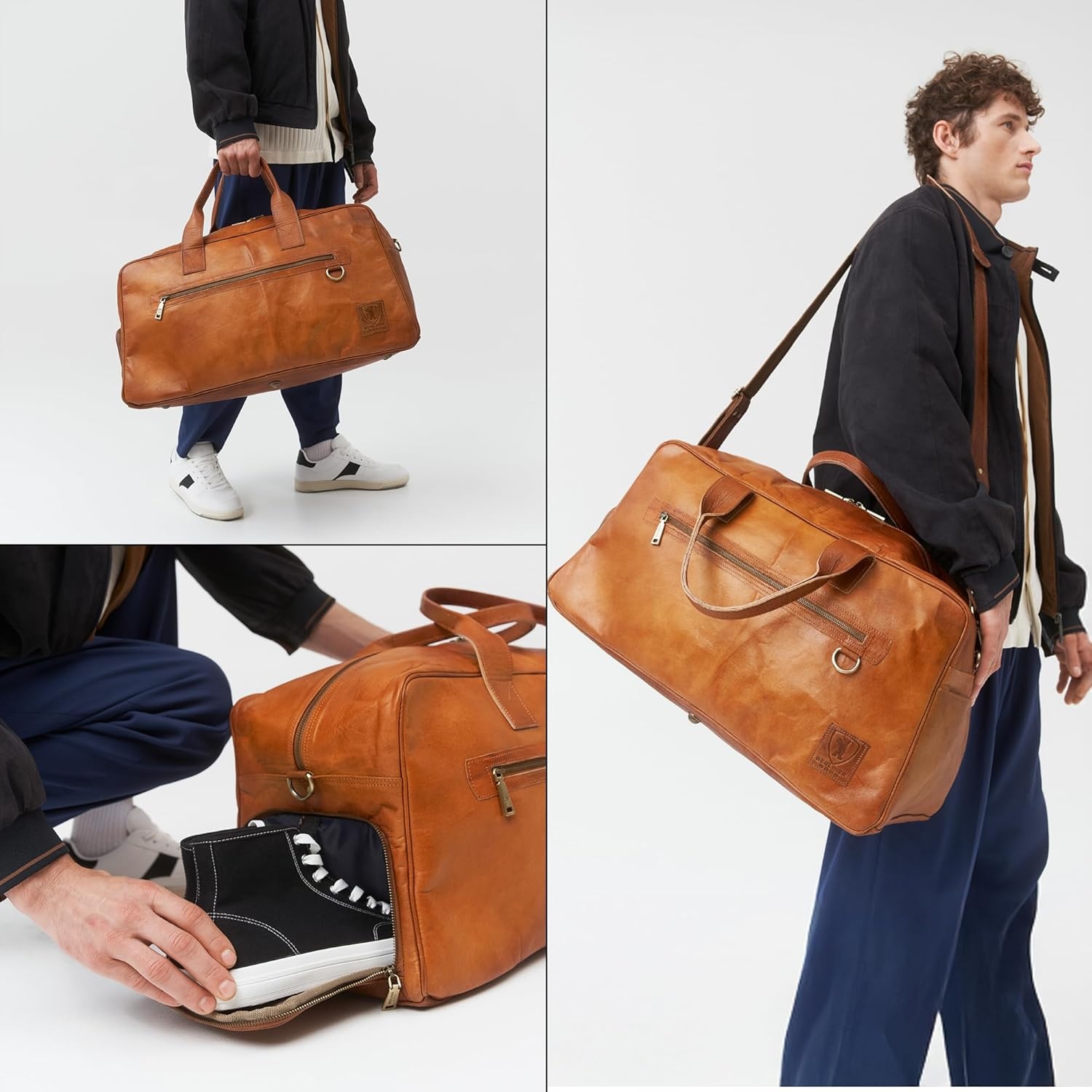image:imageBerliner Bags Vintage Genuine Leather Duffle Austin XL for Travel or the Gym Weekender Bag with Shoe Compartment Overnight Bag for Men and Women  Brown