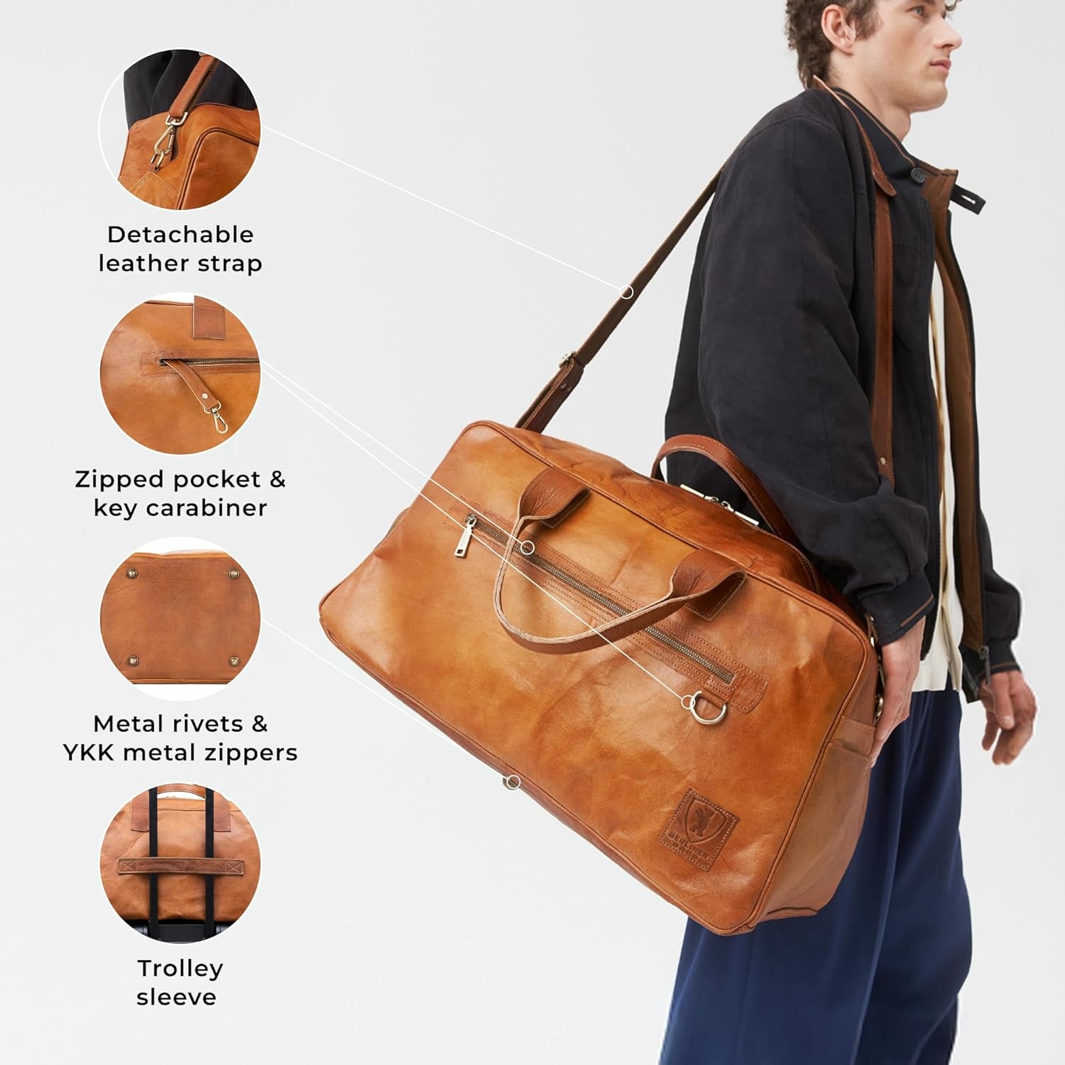 image:imageBerliner Bags Vintage Genuine Leather Duffle Austin XL for Travel or the Gym Weekender Bag with Shoe Compartment Overnight Bag for Men and Women  Brown