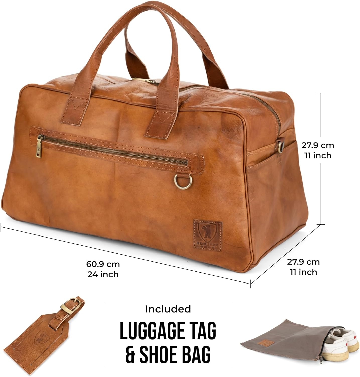 image:imageBerliner Bags Vintage Genuine Leather Duffle Austin XL for Travel or the Gym Weekender Bag with Shoe Compartment Overnight Bag for Men and Women  Brown