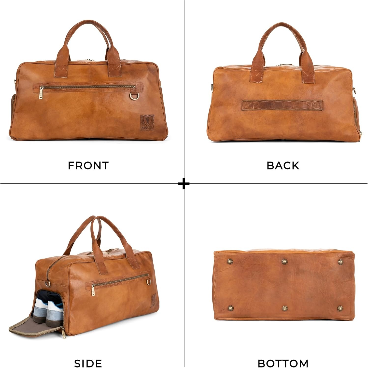 image:imageBerliner Bags Vintage Genuine Leather Duffle Austin XL for Travel or the Gym Weekender Bag with Shoe Compartment Overnight Bag for Men and Women  Brown
