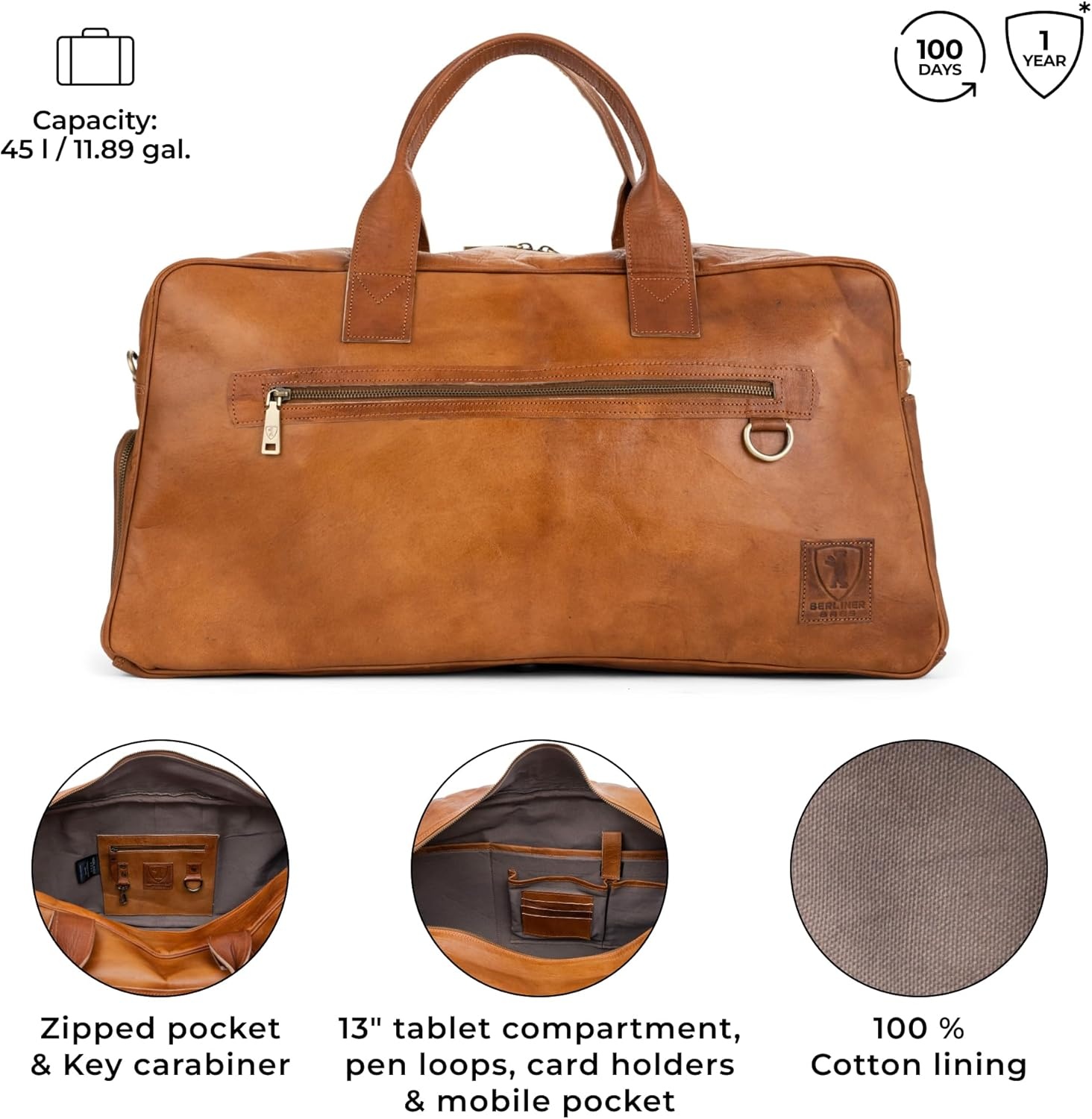 image:imageBerliner Bags Vintage Genuine Leather Duffle Austin XL for Travel or the Gym Weekender Bag with Shoe Compartment Overnight Bag for Men and Women  Brown