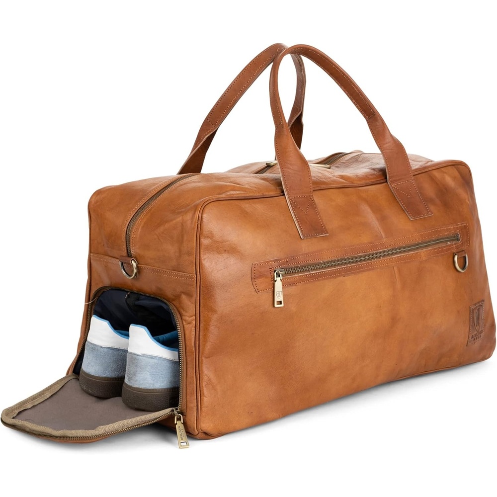 image:imageBerliner Bags Vintage Genuine Leather Duffle Austin XL for Travel or the Gym Weekender Bag with Shoe Compartment Overnight Bag for Men and Women  Brown