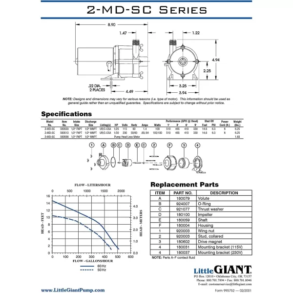 Little Giant 115 Volt, 1/25 HP, 510 GPH 2-MD-SC Semi-Corrosive Chemical Magnetic Drive Pump, 6-Foot Cord with Plug, Black/white, 580503