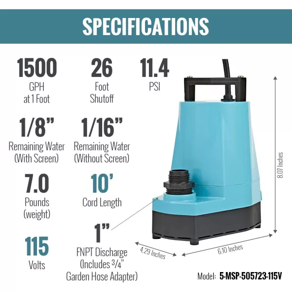 Little Giant 5-MSP 115-Volt, 1/6 HP, 1200 GPH Aluminum Manual Utility Pump, 10-Ft. Cord, Blue, 505000