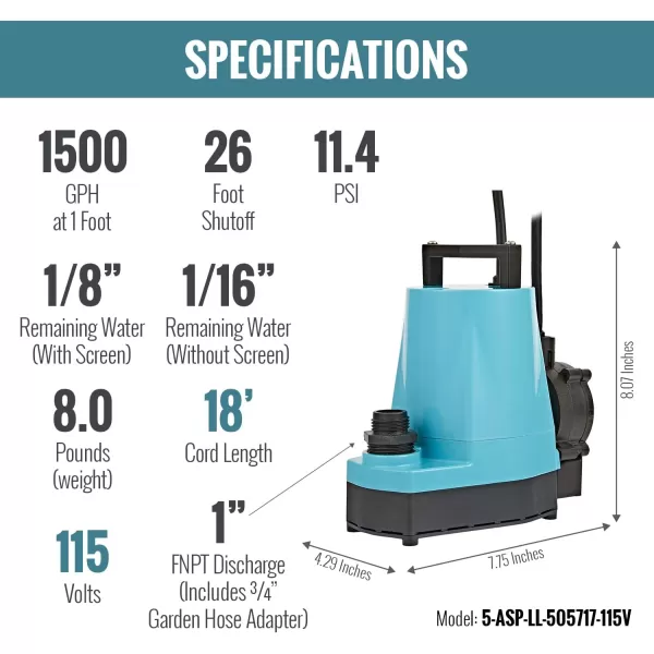 Little Giant 5-MSP 115-Volt, 1/6 HP, 1200 GPH Aluminum Manual Utility Pump, 10-Ft. Cord, Blue, 505000