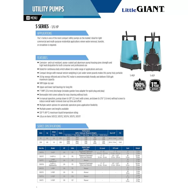 Little Giant 5-MSP 115-Volt, 1/6 HP, 1200 GPH Aluminum Manual Utility Pump, 10-Ft. Cord, Blue, 505000