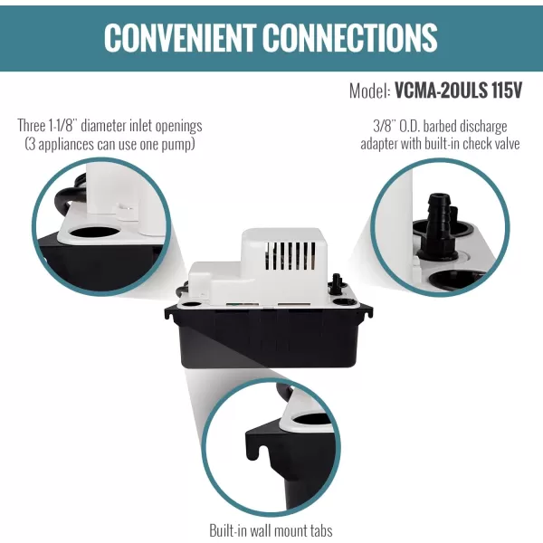 Little Giant 554425 VCMA-20ULS 80 GPH 1/30 HP Automatic Condensate Pump with Safety Switch for HVAC, Dehumidifier, Furnace, Air Conditioner