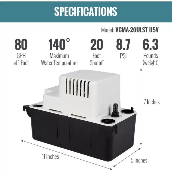 Little Giant 554425 VCMA-20ULS 80 GPH 1/30 HP Automatic Condensate Pump with Safety Switch for HVAC, Dehumidifier, Furnace, Air Conditioner