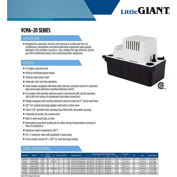 Little Giant 554425 VCMA-20ULS 80 GPH 1/30 HP Automatic Condensate Pump with Safety Switch for HVAC, Dehumidifier, Furnace, Air Conditioner