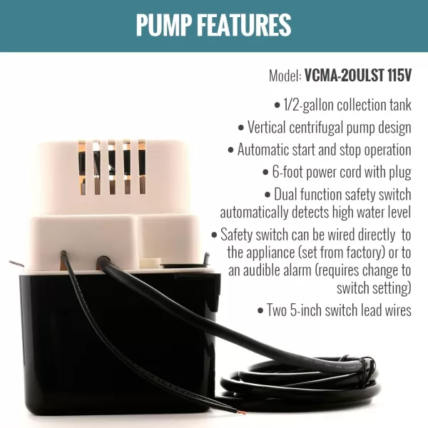 Little Giant 554425 VCMA-20ULS 80 GPH 1/30 HP Automatic Condensate Pump with Safety Switch for HVAC, Dehumidifier, Furnace, Air Conditioner