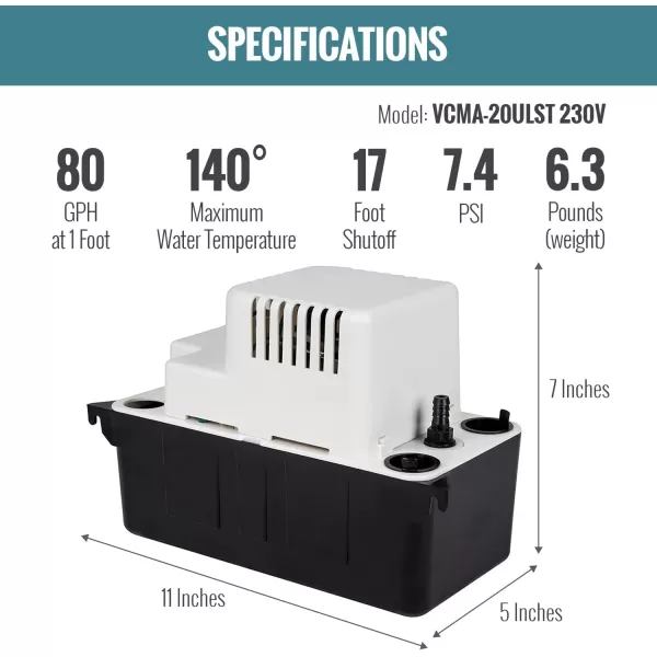 Little Giant 554425 VCMA-20ULS 80 GPH 1/30 HP Automatic Condensate Pump with Safety Switch for HVAC, Dehumidifier, Furnace, Air Conditioner