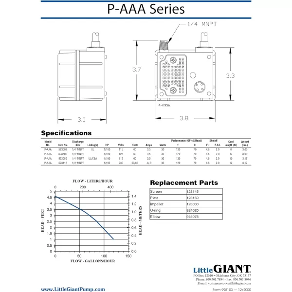 Little Giant P-AAA 115 Volt, 1/160 HP, 120 GPH Manual Submersible Oil-Filled Fountain/Recirculating Water Pump, 6-Ft. Cord, Black, 523003