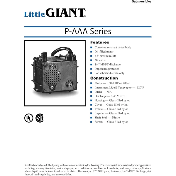 Little Giant P-AAA 115 Volt, 1/160 HP, 120 GPH Manual Submersible Oil-Filled Fountain/Recirculating Water Pump, 6-Ft. Cord, Black, 523003