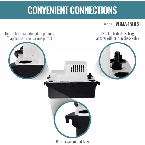 Little Giant VCMA-15ULS 115 Volt, 65 GPH, 1/50 HP Automatic Condensate Removal Pump with Safety Switch, White/Black, 554405