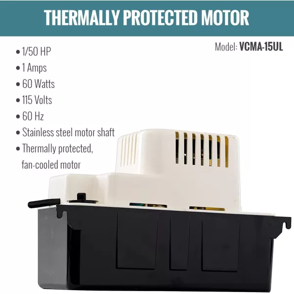 Little Giant VCMA-15ULS 115 Volt, 65 GPH, 1/50 HP Automatic Condensate Removal Pump with Safety Switch, White/Black, 554405)