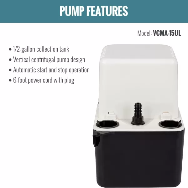 Little Giant VCMA-15ULS 115 Volt, 65 GPH, 1/50 HP Automatic Condensate Removal Pump with Safety Switch, White/Black, 554405)