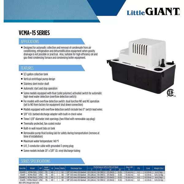 Little Giant VCMA-15ULS 115 Volt, 65 GPH, 1/50 HP Automatic Condensate Removal Pump with Safety Switch, White/Black, 554405