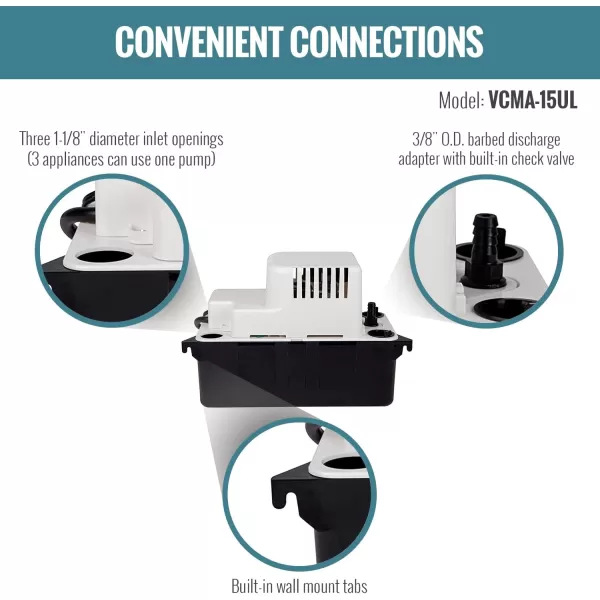Little Giant VCMA-15ULS 115 Volt, 65 GPH, 1/50 HP Automatic Condensate Removal Pump with Safety Switch, White/Black, 554405)