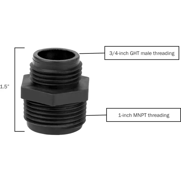 Little Giant GH-1, 1-Inch MNPT x 3/4-inch Male GHT Garden Hose Reducer/Adapter for Utility, Pond or Hydroponic Pumps with 1-inch FNPT discharge, Black, 599030