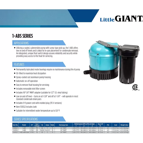 Little Giant 1-ABS 115-Volt, 1/150 HP, 205 GPH Shallow Pan Condensate Removal Pump for portable air conditioners, dehumidifiers, with Collection Tank, Blue, 550522