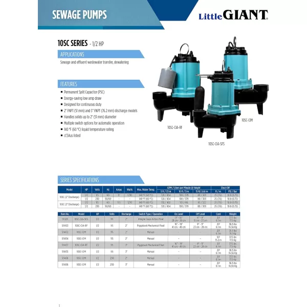 Little Giant 10SC-CIM 115 Volt, 1/2 HP, 7200 GPH Cast Iron Manual Submersible Sewage/Effluent Pump with 20-Ft. Cord , Blue, 511432